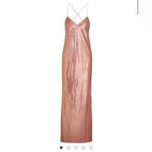 Michelle Mason light pink gown,  100% Polyester, Silk

Length (58.5 inches)